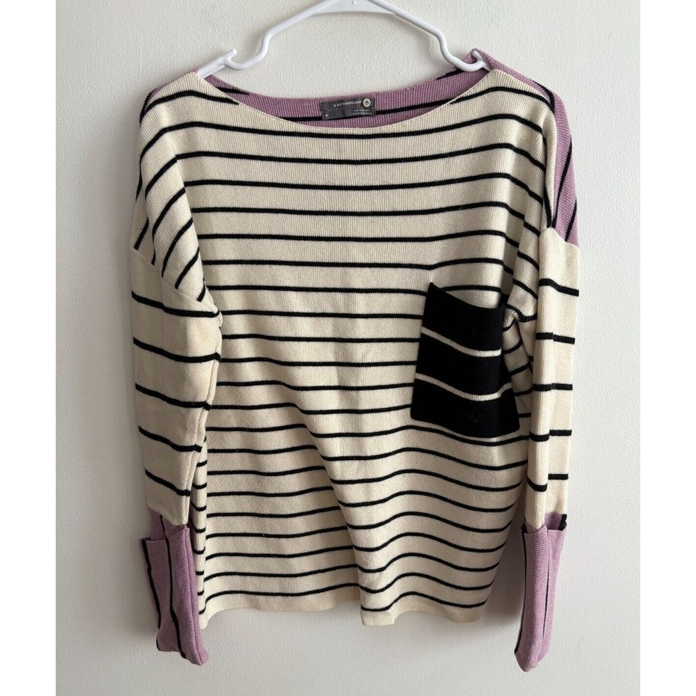 Anthropologie Faye Striped‎ Color Block Sweater Cream Purple Size Medium M